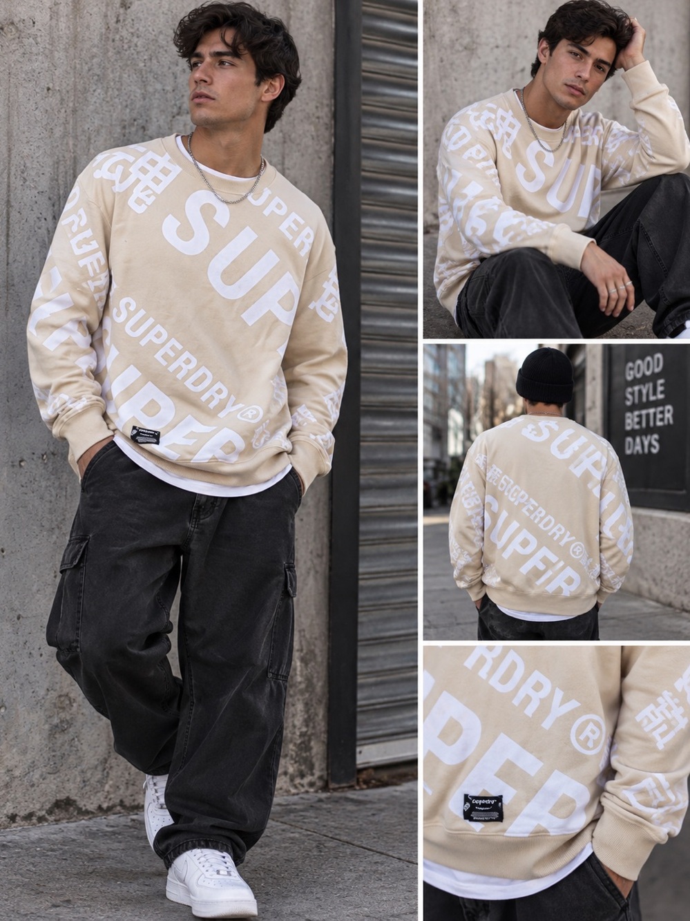 Superdry Beige All-Over Logo Crewneck Sweatshirt athleisure unisex